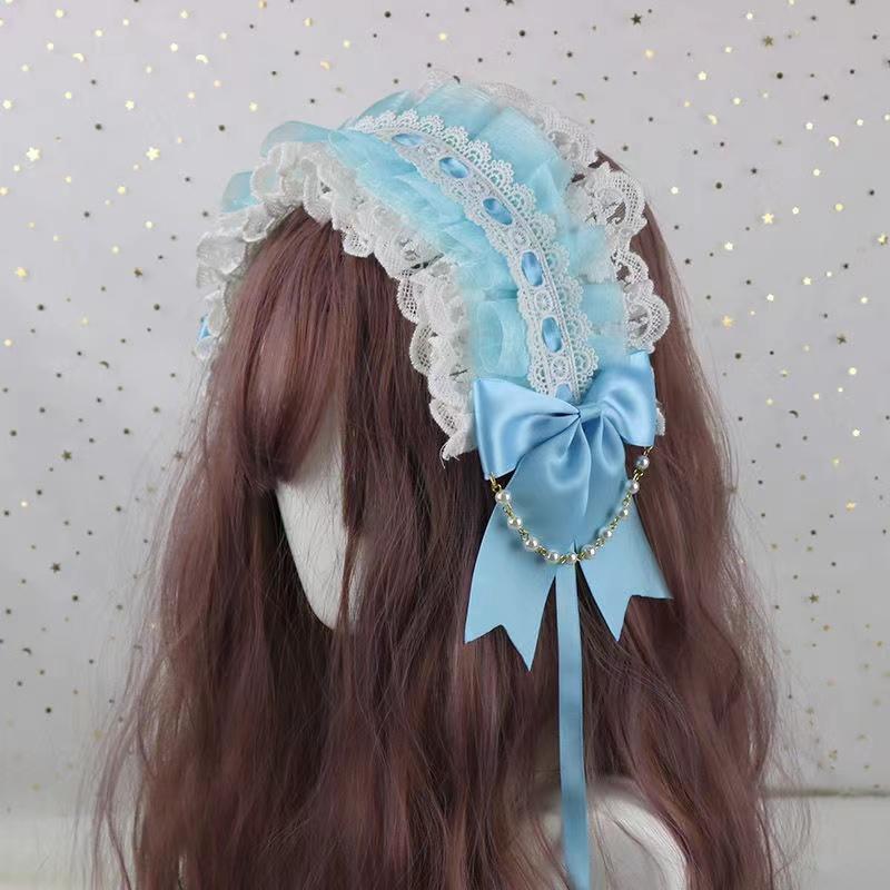 Ruffled Lace Headpiece Headband Weet Lolita Bowknot Maid Headdress Women Girls Japanese Style Crisscross Ribbon Pearls Beaded