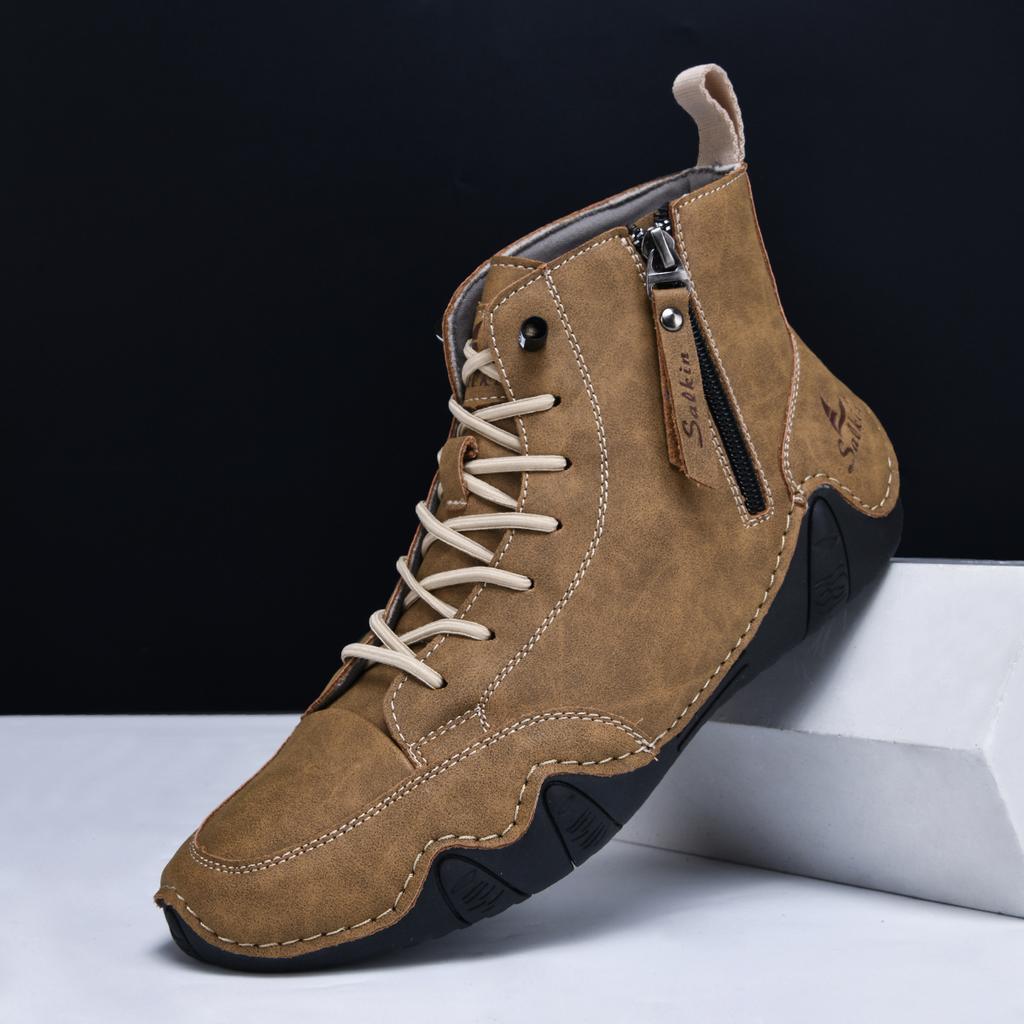 New 2025 Handmade Casual Shoes Men Sneakers Ankle Boots Leather Side Zipper Comfortable Breathable Anti-Slip Outdoor Walking