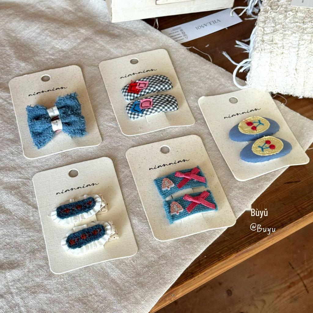Nian Nian Blue Retro Fabric Hair Clip - Gentle On Hair, Korean Style, Handmade BB Accessory