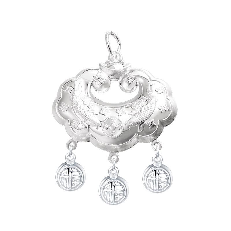 999 Sterling Silver Double Fish Copper Coin Peace Lock - Chinese Longevity Bell for Baby, Dragon Year Gift Sterling Silver 999