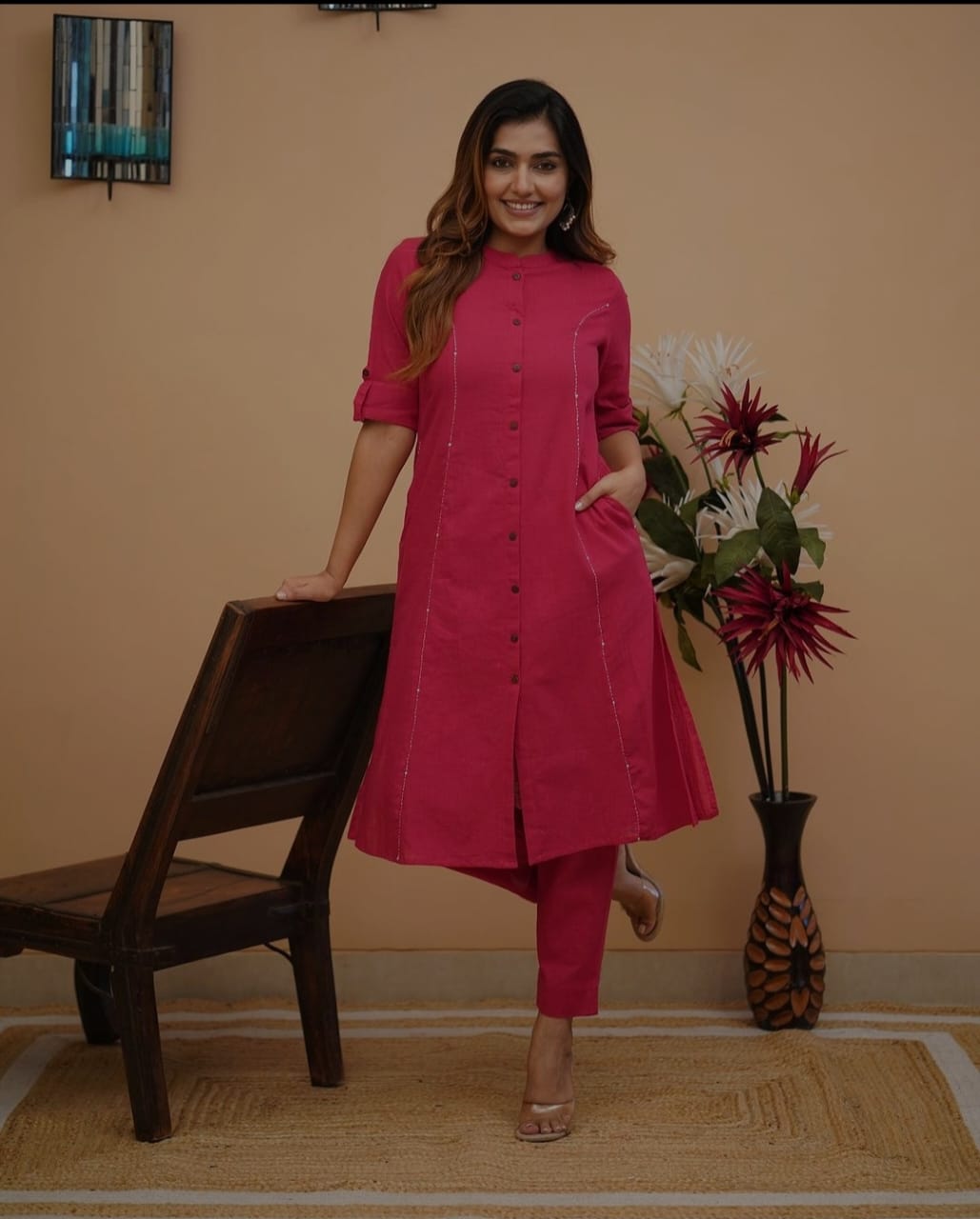 

Женский дизайнерский комплект из хлопка Slub Kurta Pant Cord, индийский топ Bollywood, туника, платье Kurti 3XL розовый