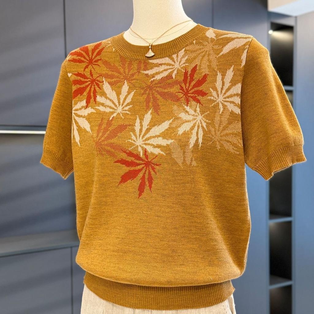 2PCS Thin Knitted Tops Women Printed Cardigan Short Sleeve Knitted T-Shirt Two-piece Round Neck Knitted Cardigan Jacket T-Shirt