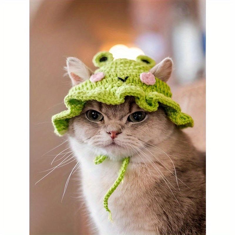 1PC Frog Knitted Pet Hat Adorable Cartoon Cat Cap For Small Dogs Cats Handmade Knit Headgear Cozy Stylish Pet Accessory Soft Warm Winter