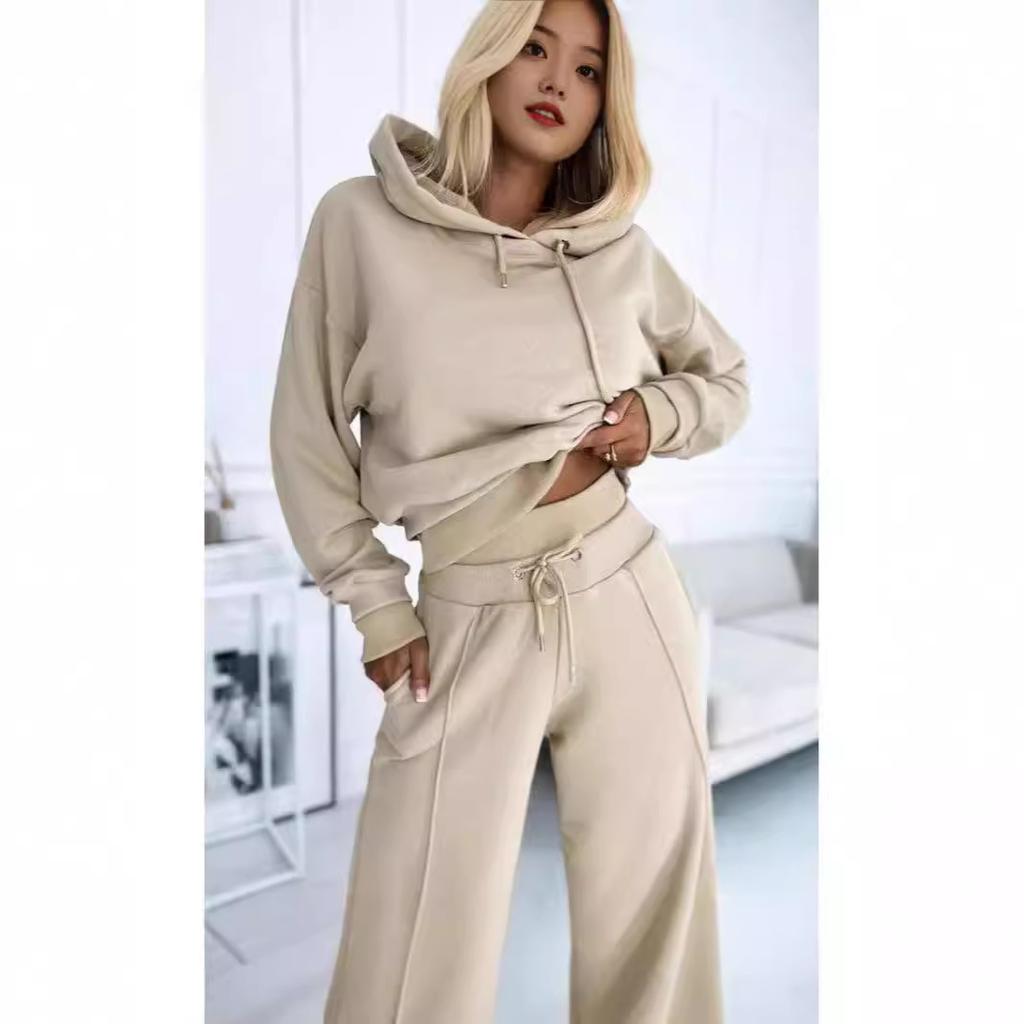 Women's Hooded Cropped Sweatshirt with Wide Leg Lounge Pants Set, Casual Comfort Outfit