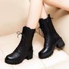 Autumn Winter Black Leather Fleece-Lined Women'S Half High Boots  New Platform High Heels Lace-Up Ladies Mid Calf Shoes