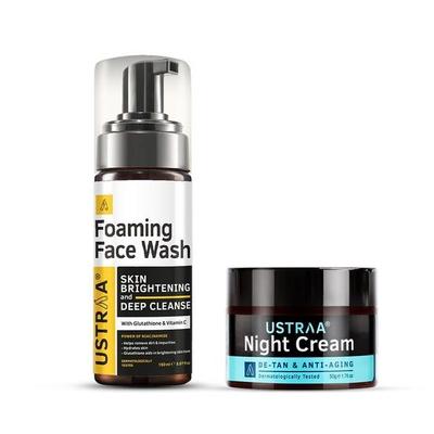 Zestaw Bright Night - Pianka do mycia twarzy - Do rozjaśniania skóry - 150 ml | Pomaga zapobiegać zaskórnikom | BEZ SLS & Krem na noc - Usuwający opaleniznę i przeciwstarzeniowy