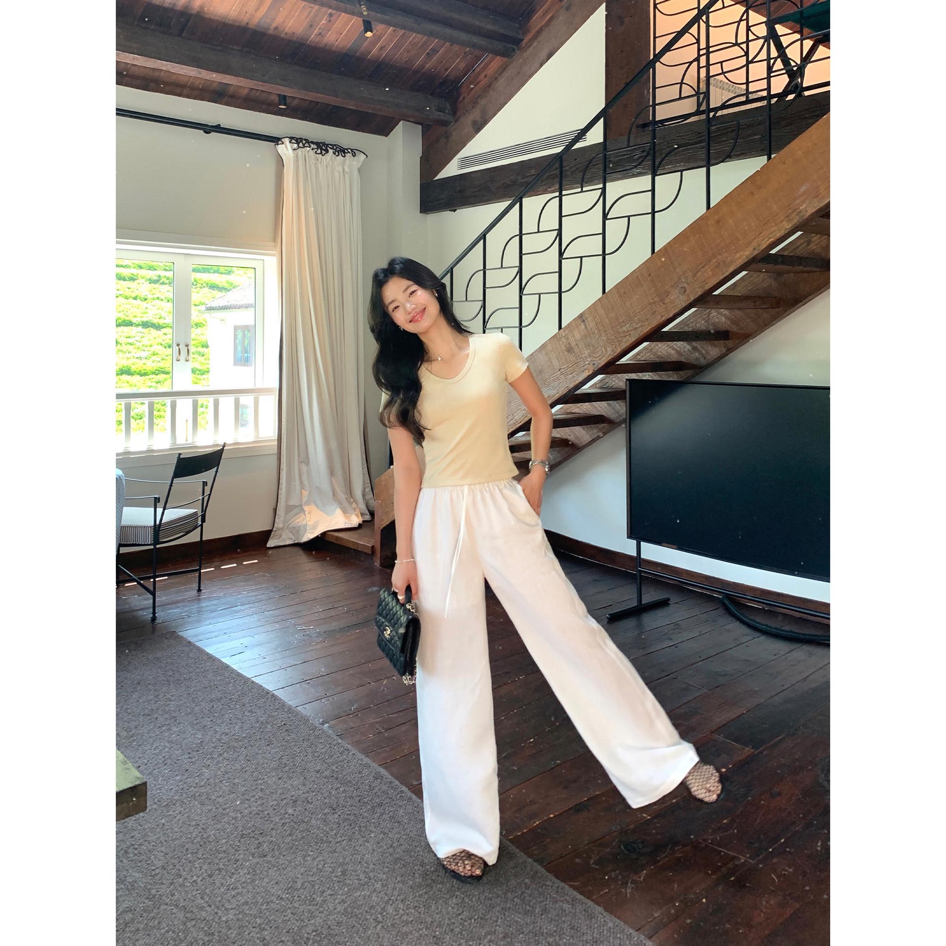 Pusumede Women s Linen Casual Wide-Leg Summer Pants with Elastic Waist S