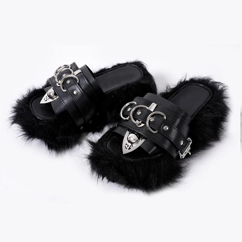 Cool Slippers Outer Wear Women's Summer Metal Punk Style Subculture Mao Mao Drag Retro Thick Bottom One-word Drag