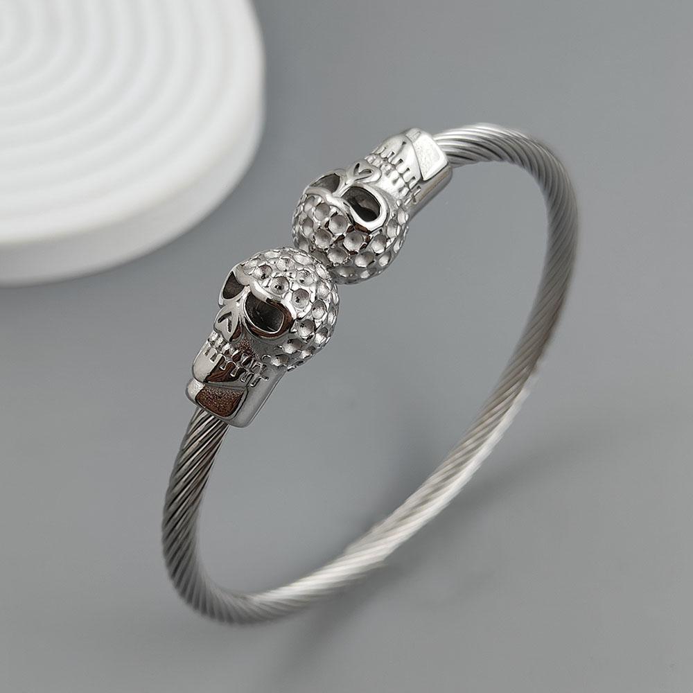 

Wire Twisted Skull Stainless Steel Gold Plated 18K Bracelet, High Quality Waterproof Silver Jewelry, Gift for Couples серебряный
