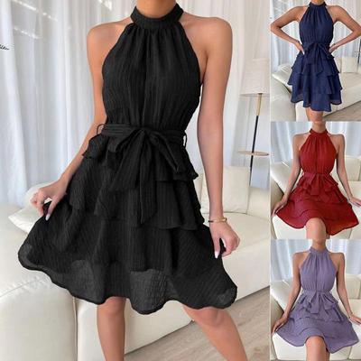 European & American Women's Ruffle Dress: 2024 Summer Lace-Up Halter-Neck Sleeveless Spliced Design.