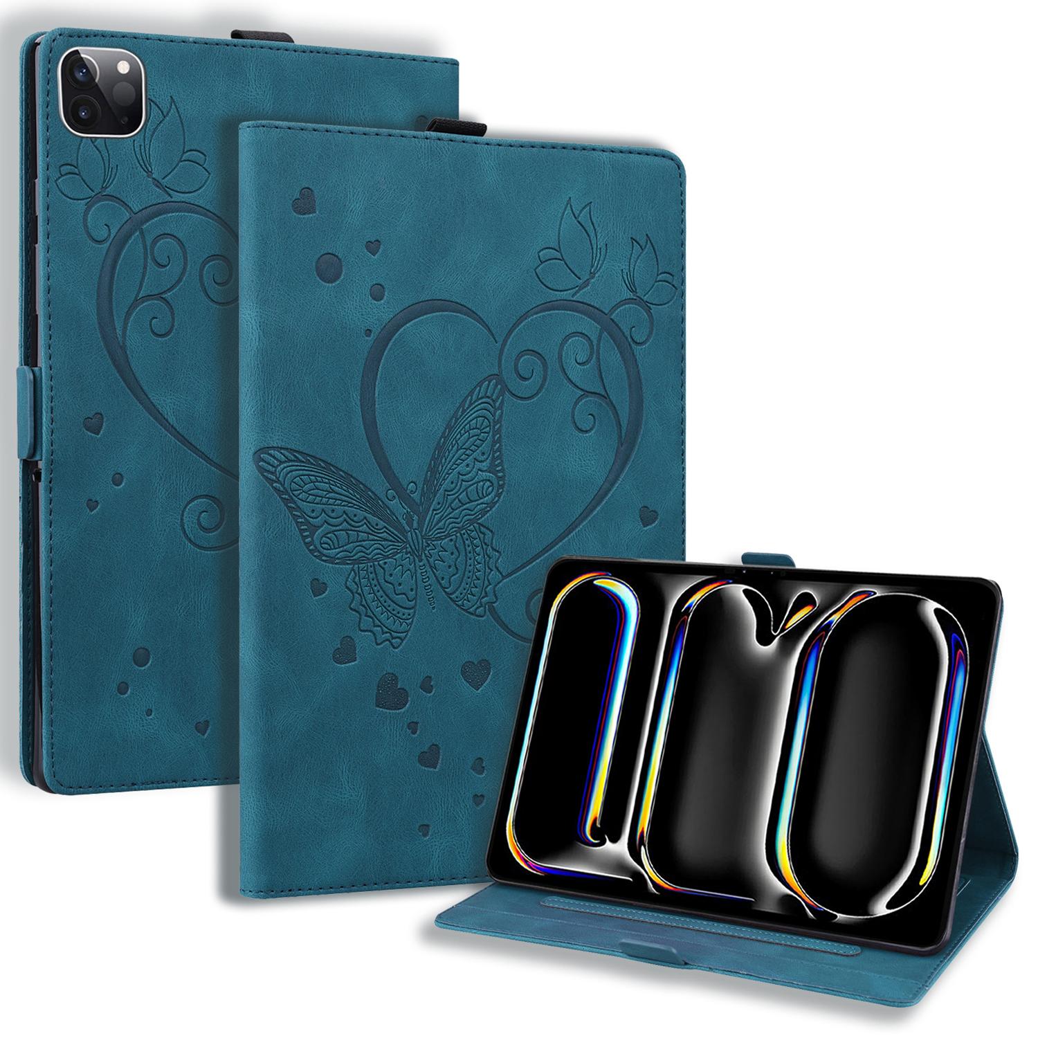

For iPad Pro 11 (2024) Case with Card Slots Butterfly Imprinted Leather Tablet Cover Blue