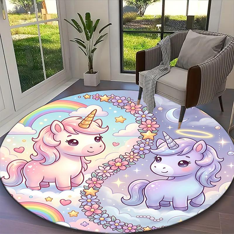 1pc Sweet Animals Harmony Fox Unicorn Printed Chair Rug for Home Office Use, Living Room Kitchen Game Room Round Carpet