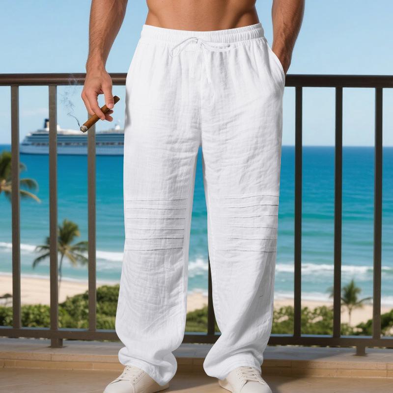 

New Arrival: Loose-Fit Linen Casual Trousers for Men - Trendy Pleated, Minimalist, Breathable Straight-Leg Design S белый
