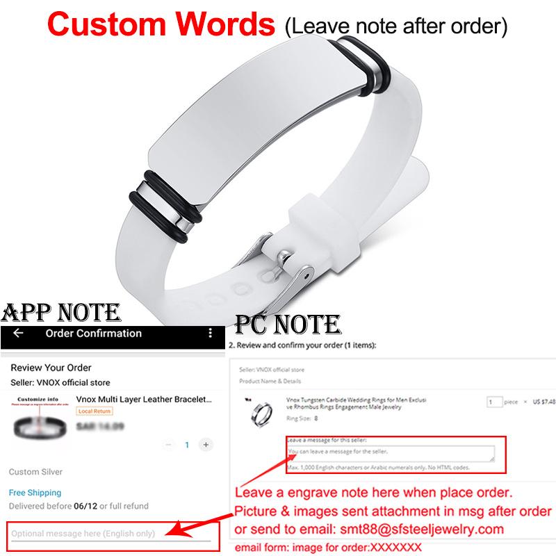 Vnox Casual Personalize Engrave Silicone Bracelets for Men Women Stainless Steel ID Tag Custom Sports Gifts Jewelry