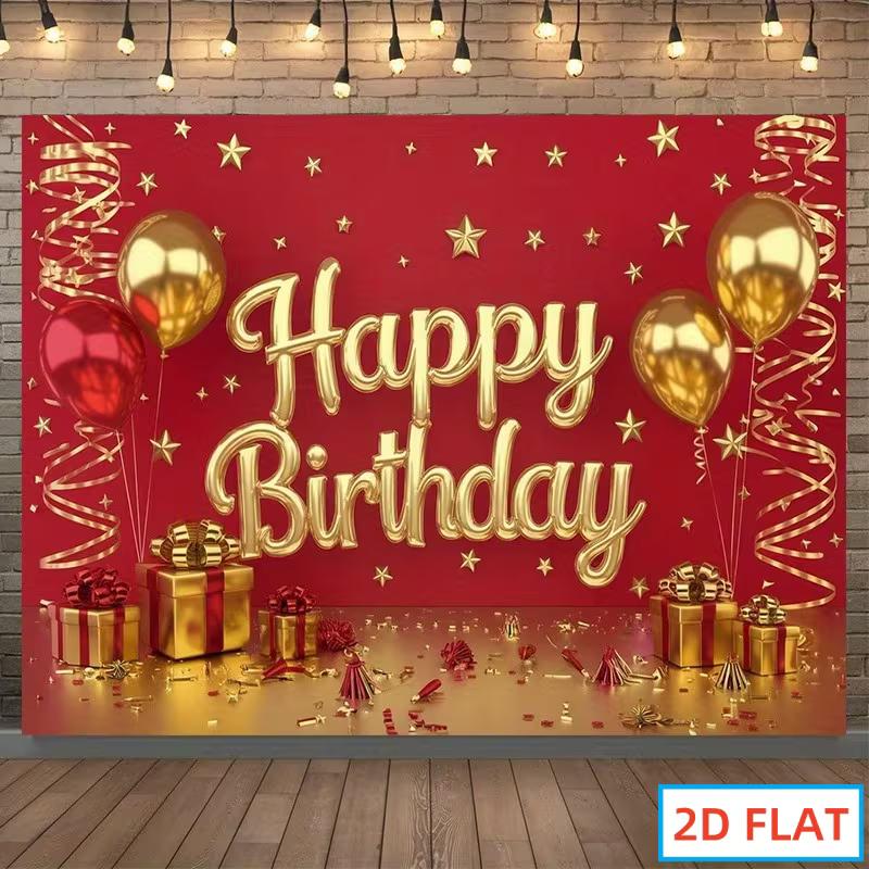 

2D Red Gold Star Happy Birthday Backdrop Home Party Celebration Photo Background 47.2x31.5inch/120*80cm