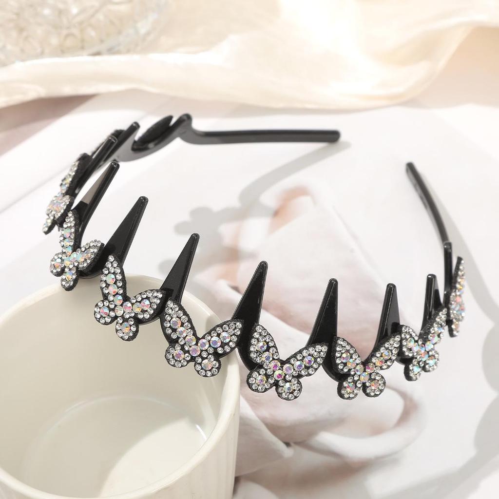 Korean Sparkly Rhinestone Flower Wavy Black Headband with Non-slip Teeth for Women