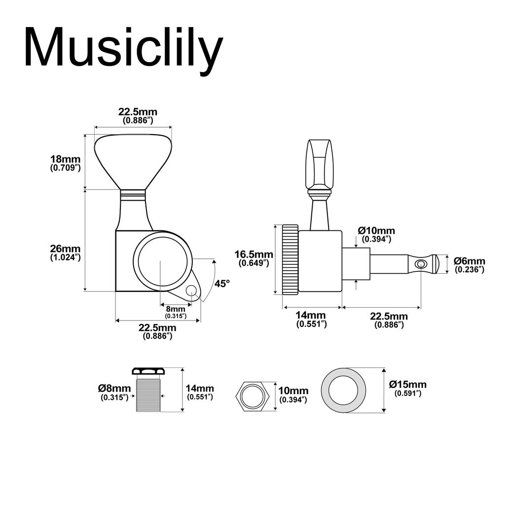 Musiclily Pro L3R3 Locking Tuners for Electric and Acoustic Black Buttons Guitars, Y-Style