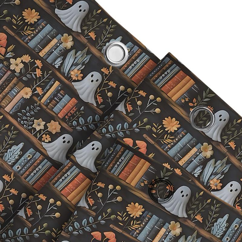 Spooky Halloween Shower Curtain with Ghost and Bookshelf Design - Perfect for a Fun and Festive Bathroom Decor Easy-Clean