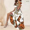 Women Plus Size Round Neck Short Sleeve Printed A Line Long Dress Halloween Raccoon Pumpkin Pattern