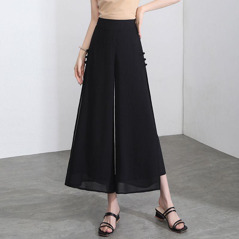 2026 Summer Women s Double-Layer Chiffon High-Waisted Wide-Leg Cropped Split Skirt Pants M (27) 2  waist
