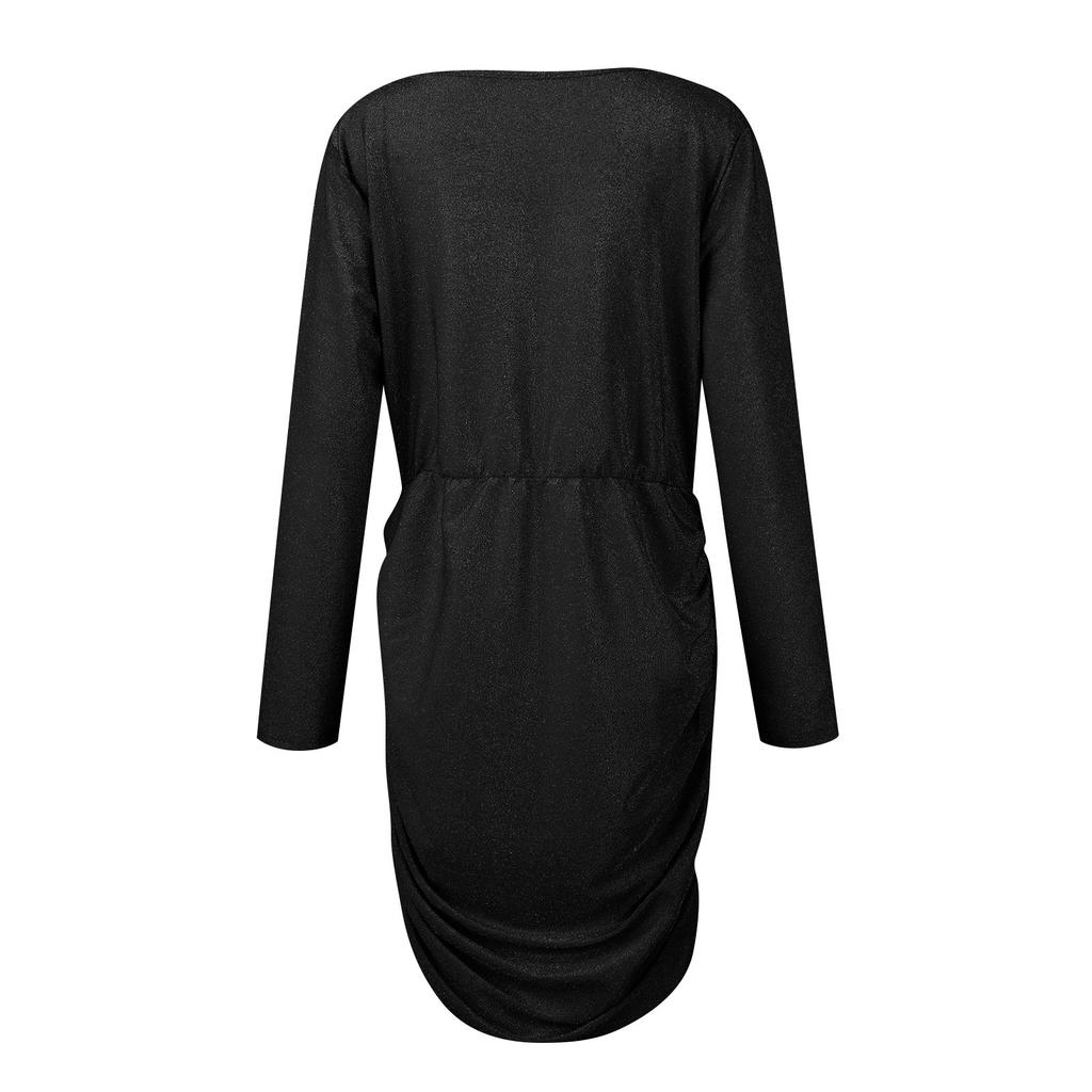 Fashion Women's Solid Color Glitter Pile Collar Long Sleeve Ruffled Slim Fit Evening Dress