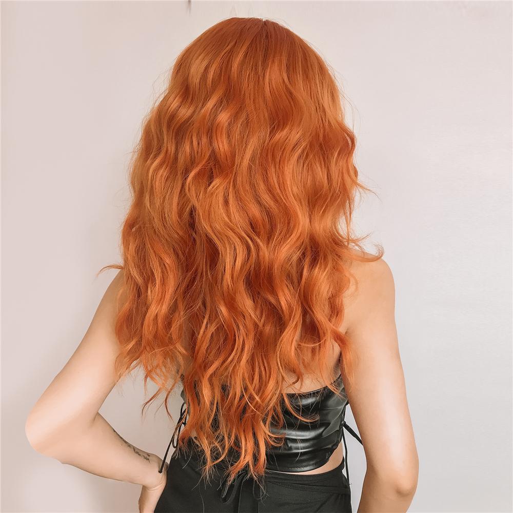 Orange Ginger Synthetic Wig Long Water Wavy Wigs For Women With Bangs Halloween Cosplay Party Daily Natural Heat Resistant Wig