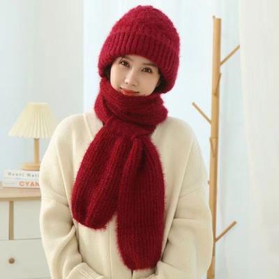 Women Winter Hat with Integrated Scarf Thick Warm Knitted Windproof High Elasticity Full Protection Outdoor Travel Cold Weather Cap