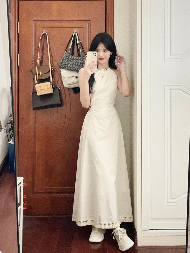 Elegant French Niche Backless Halter Strap Hollow Sleeveless Tie Long Dress