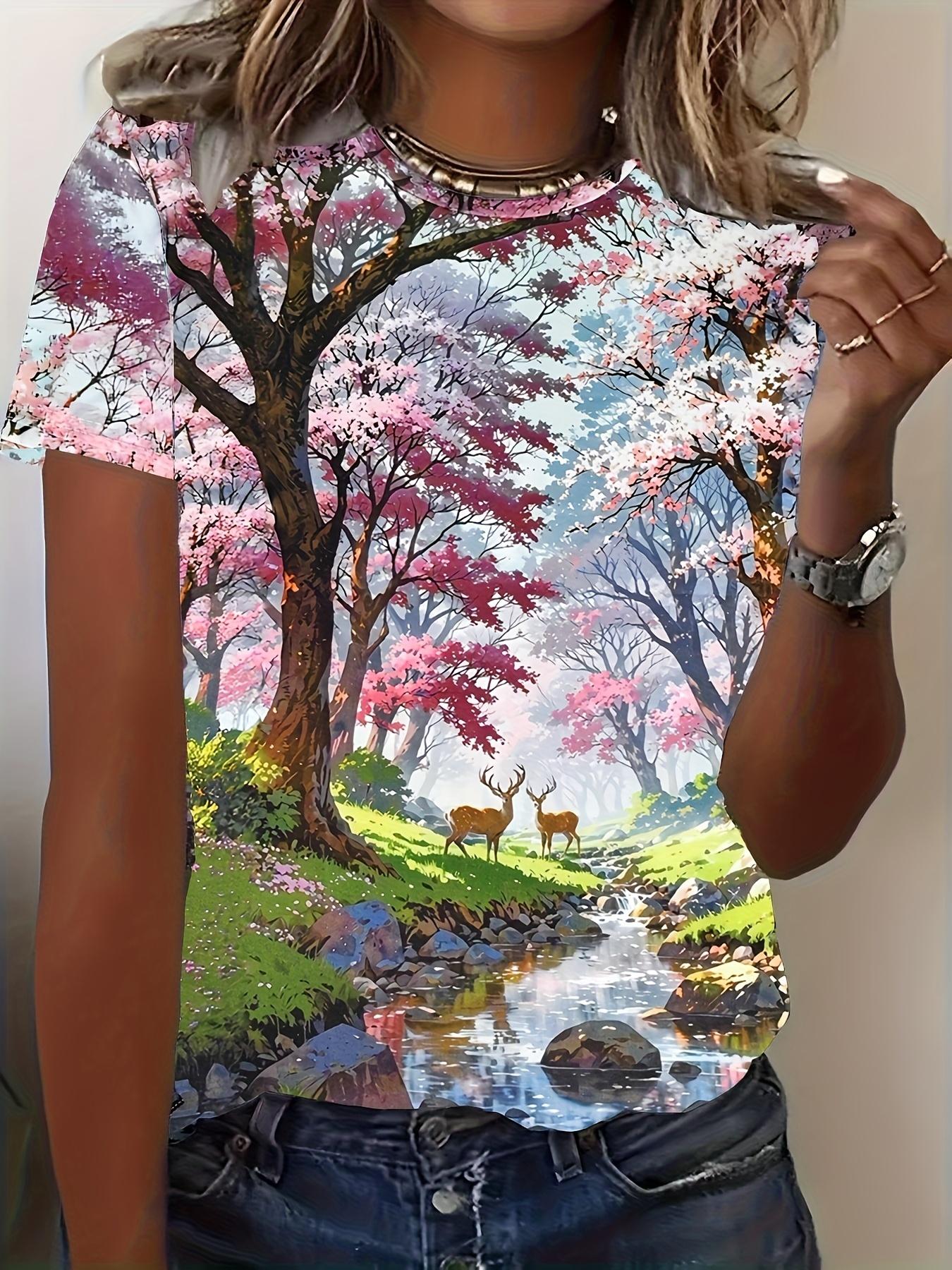 [Plus Size T-Shirt] Plus Size. Short-Sleeved T-Shirt with a Full Print of Spring Forest Scenerylllustration L дубильная кора