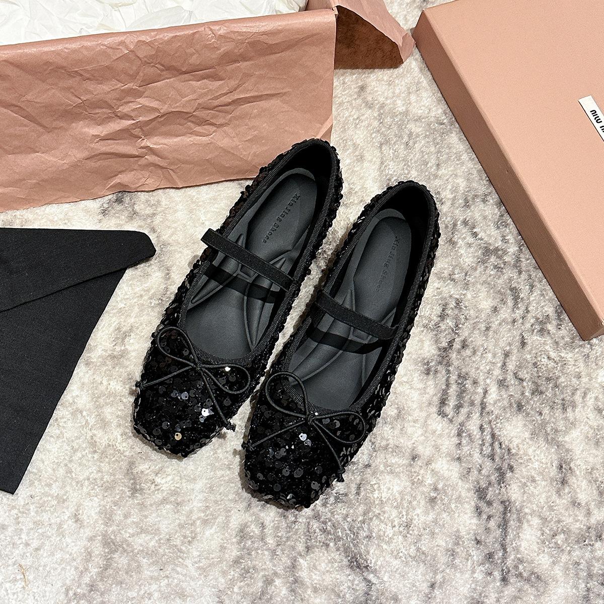 

796-6 Французские туфли на плоской подошве с квадратным носком, новые черные туфли с темпераментом, с бантом и пайетками, с внутренней платформой, женская обувь 35 чёрный