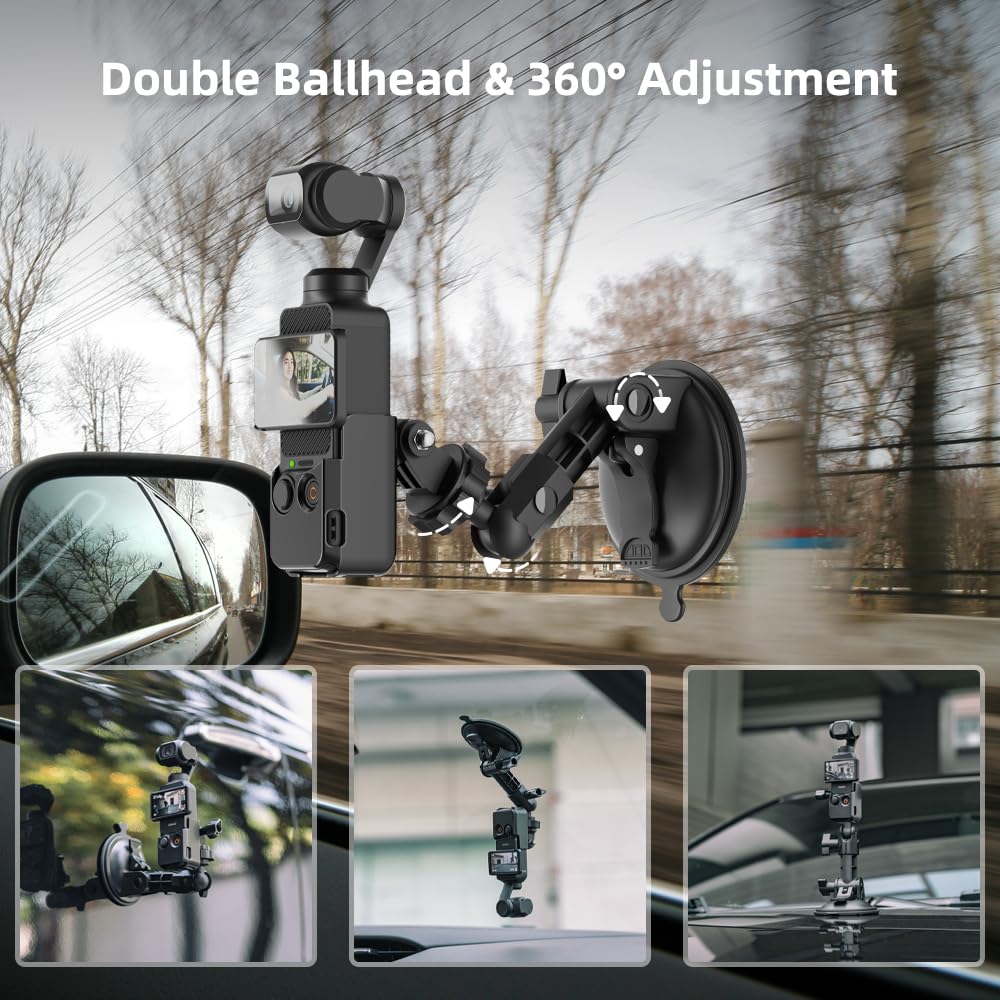 SUREWO Pocket 3 Suction Cup Mount, Car Mount Windshield Dash Holder Kit with Expansion Adapter for DJI Osmo Pocket 3, Go Pro Hero 131211109876, DJI