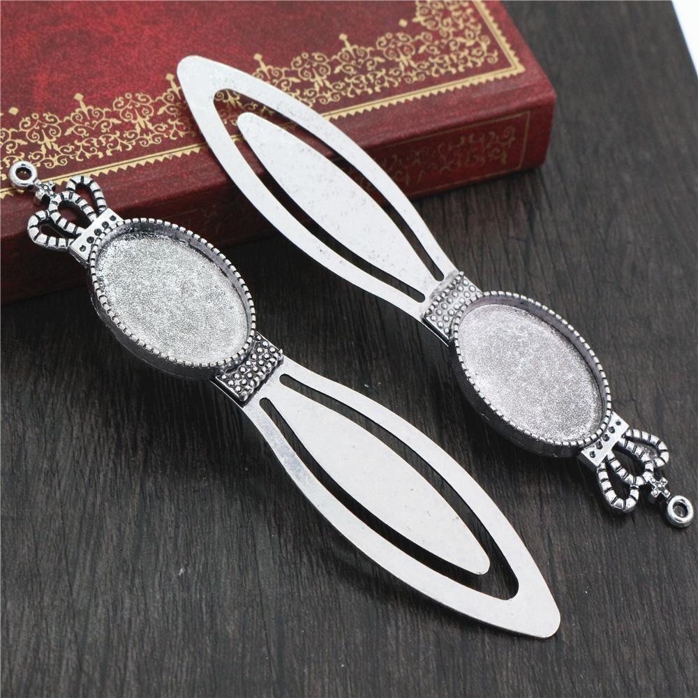Neumodisches 2er-Set Lesezeichen (18 x 25 mm Innenmaß), antiksilberplattiert und bronzefarben, schlichtes Design, handgefertigt, Cabochon-Sockel, Kameenfassung
