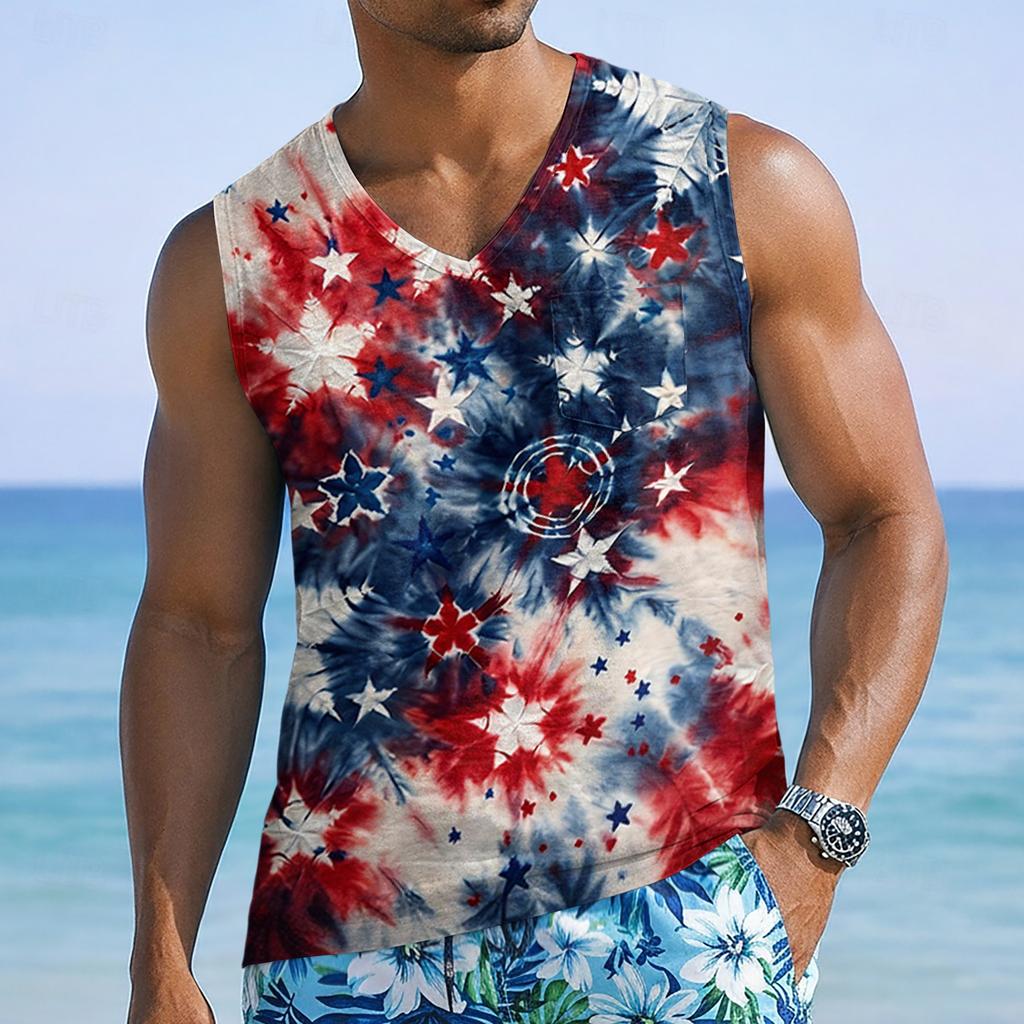 Men's Sleeveless V Neck Tank Top with Abstract Star and Stripe Print Casual Loose Fit Lightweight Shirt for Summer