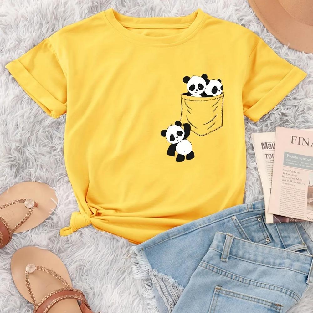 Panda Print Crew Neck T-Shirt, Casual Short Sleeve T-Shirt For Spring & Summer, Casual Basics O-collar Women's Clothing