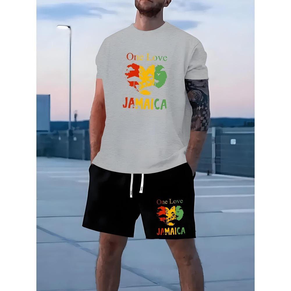 Fashion Colorful Love Graphic T-shirt Shorts Set Summer Sports Short Sleeve Shorts 2-piece Set Men's Quick Dry Sportswear Suit
