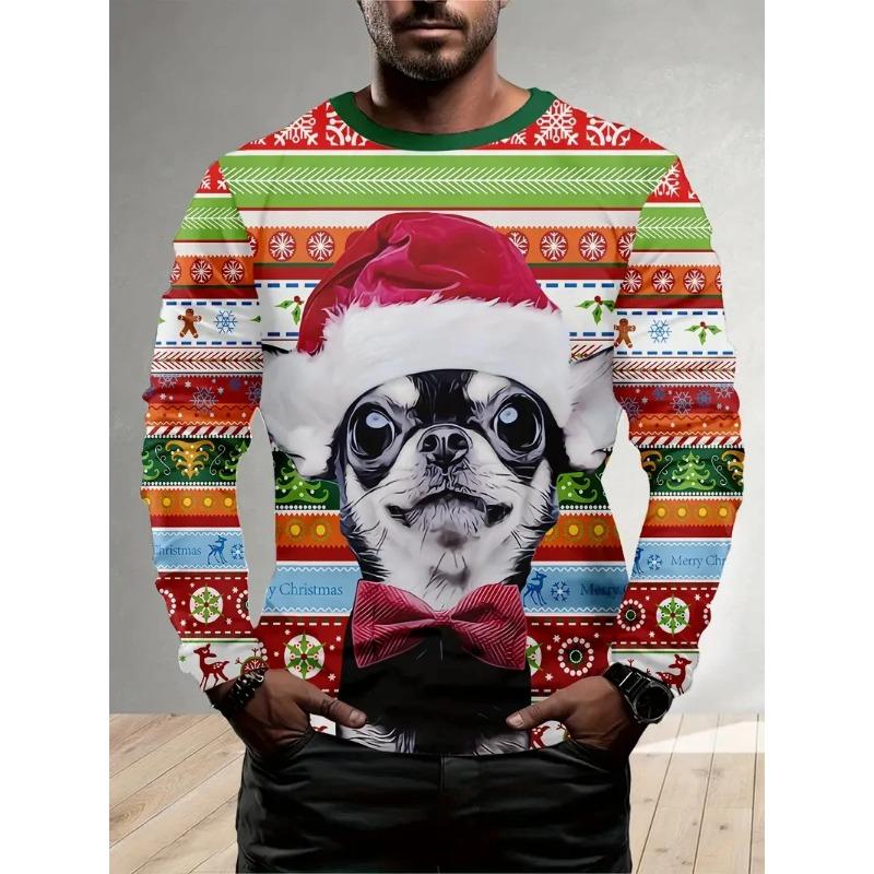 Spring and Autumn Round Neck 3D Printed Top Christmas Costume Fashionable Casual Long Sleeved Men's T-shirts