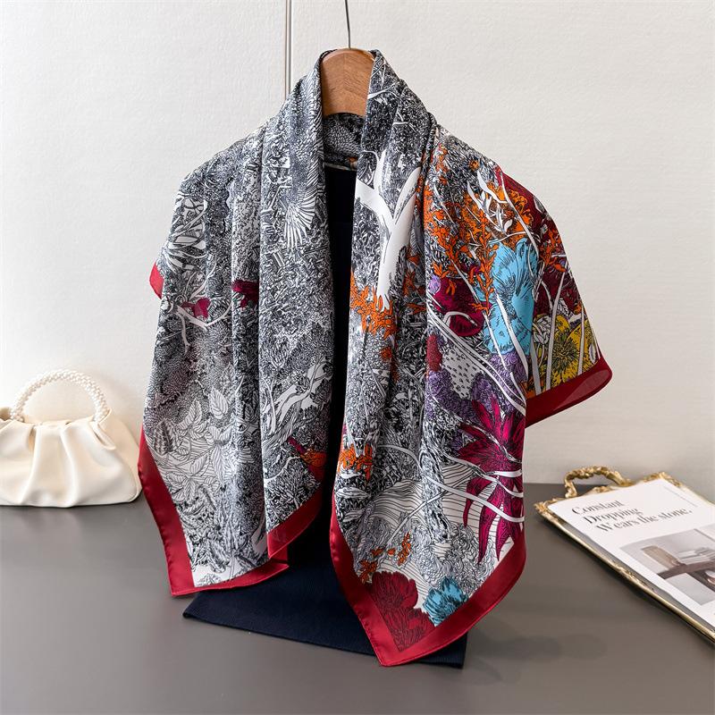 

Simulation Silk High-End Printing Large Square Scarf Silk Scarf Versatile Professional Shawl Headscarf Neck Protection Scarf Decorative Circumference 90*90cm
