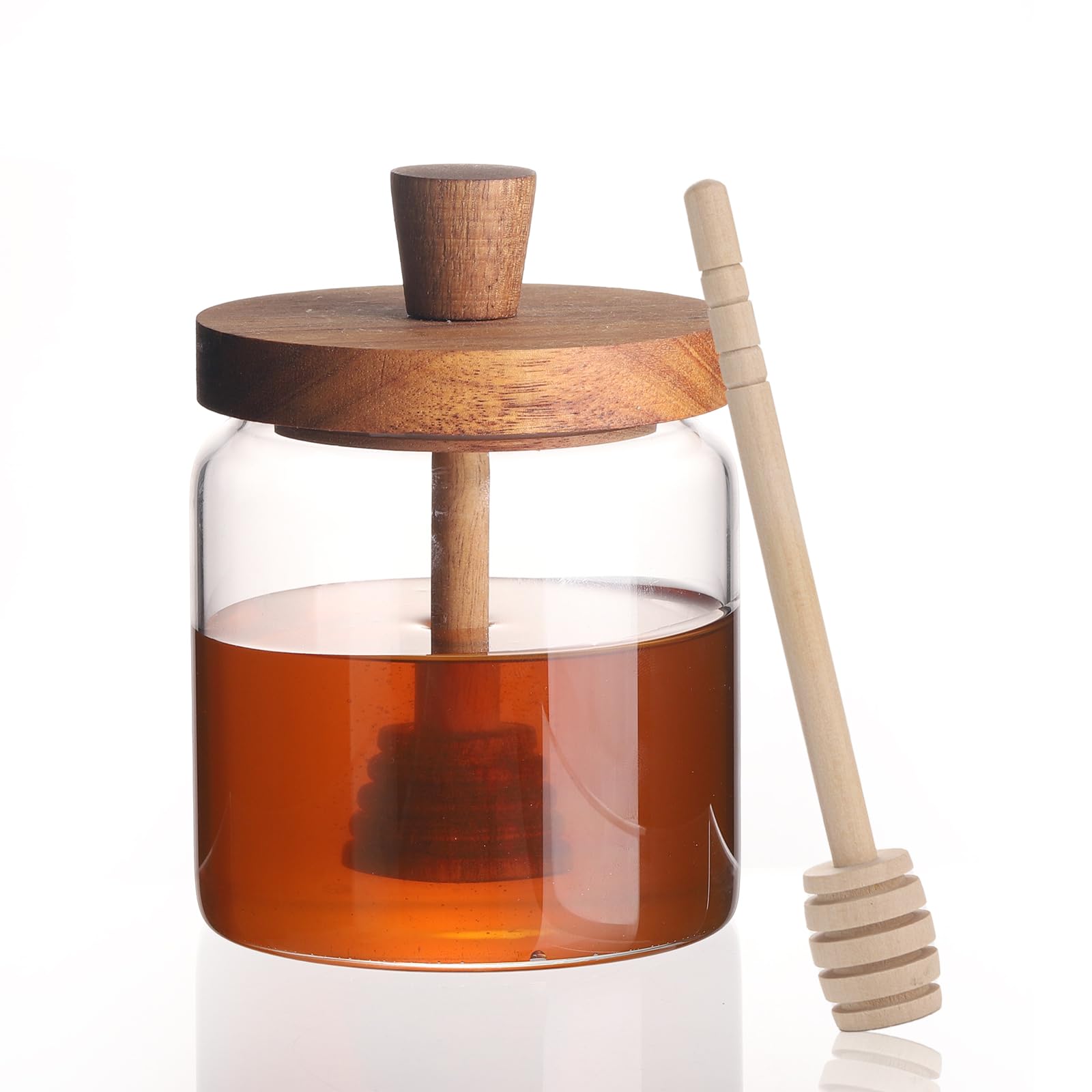 Honey Pot Glass Honey Jar, 500ml, Heat-Resistant Glass, with Dipper and Wooden Lid, Airtight, Honey Jar, Storage Jar, Jam Jar, with Stirring Rod