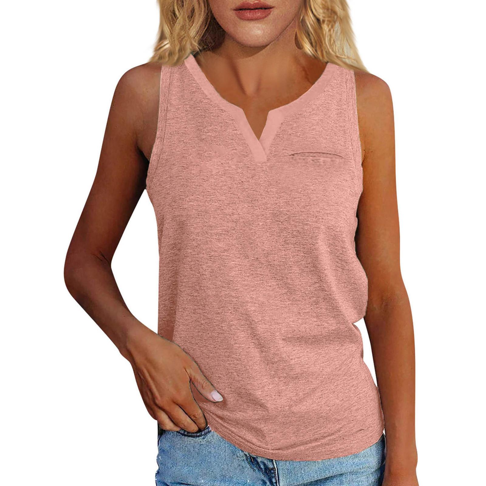 

Летняя женская футболка без рукавов с v-образным вырезом и манжетами, сплошной цвет, карман, повседневная футболка в уличном стиле, топ, жилет L розовый