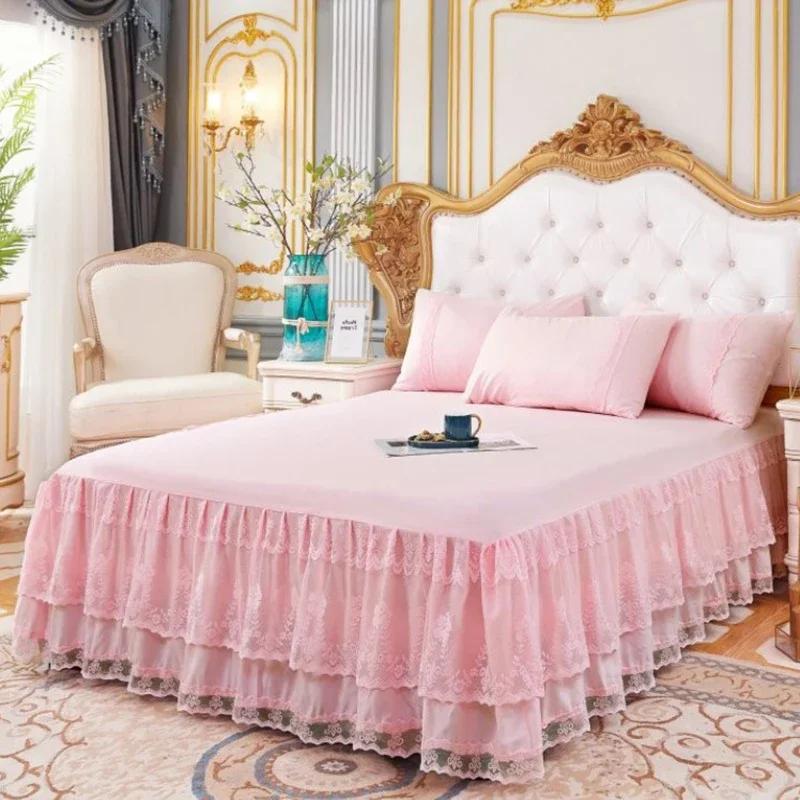 New 3 Layers   Lace Ruffled Bed Skirt Couvre Lit Bedroom Bed Cover Bed Skirt Non-slip Mattress Cover Bedsheet Bedspread