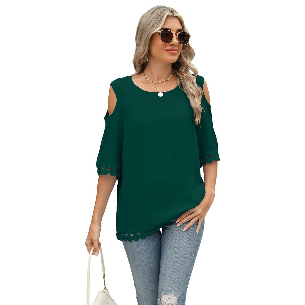 Women's Spring and Summer New Round Neck Lace Chiffon Shirt Loose Strapless Middle Sleeve Tops