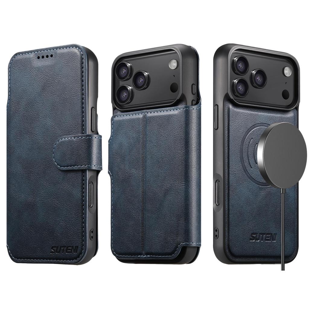 iPhone 17 Pro Max Flip Case with Card Slot & Magnetic Snap, 2-in-1 Wireless Charging Stand, Leather Design