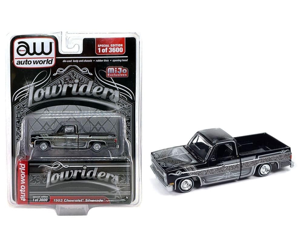 

autoworld Chevrolet Silverado 1983 Black Lowrider Pickup Truck Silverado Lowriders MiJo Exclusive Auto World 1/64 [Used] чорний