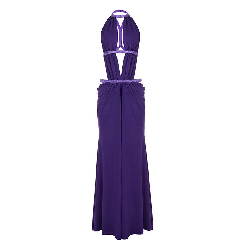 European & American Pattern Patchwork Sequin Mesh Dress - Backless, Hollow Design, Long Holiday Style Dress