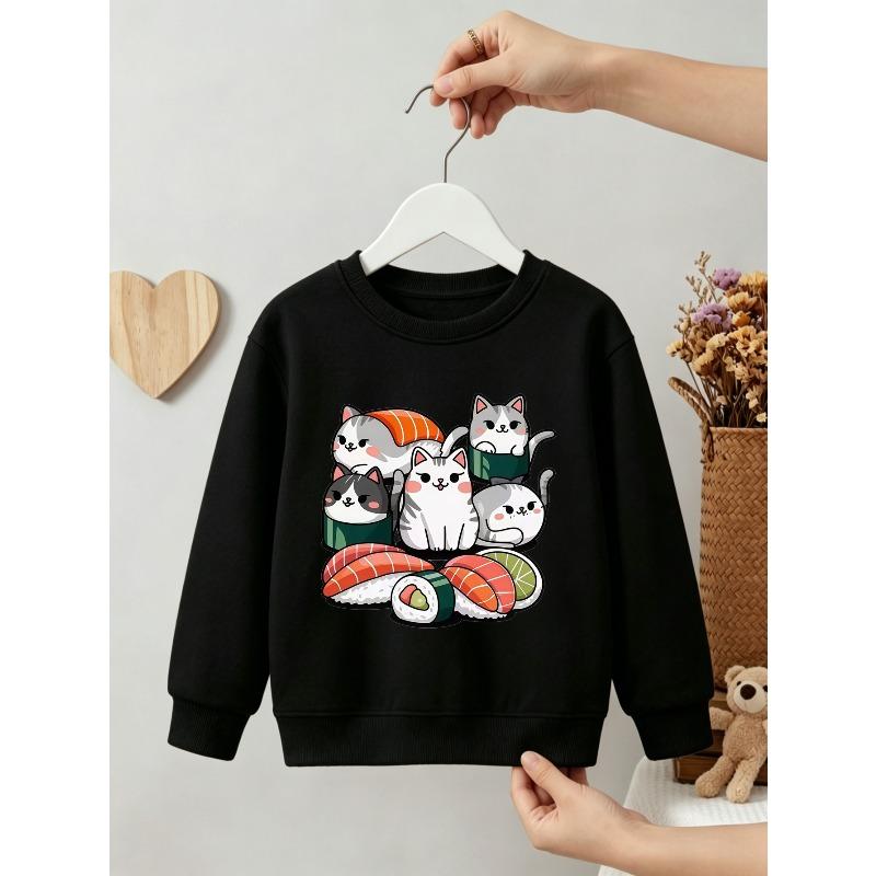 Kids Unisex Crewneck Sweatshirt, Cute Sushi Cat Cartoon Print Light Heather Gray Soft Fleece Pullover