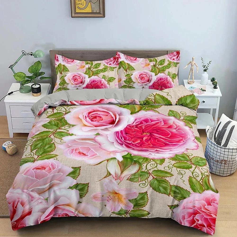 Comforter 3D Rose Flower Queen King Double Bedding Set 3Pcs With Zipper Closure King Size Polyester