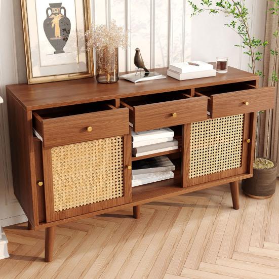 Sideboard, Chest Of Drawers with 3 Drawers and 3 Sliding Doors, Rattan Mesh On The Door Fronts, Legs Made of Solid Wood, Golden Metal Iron Handle,