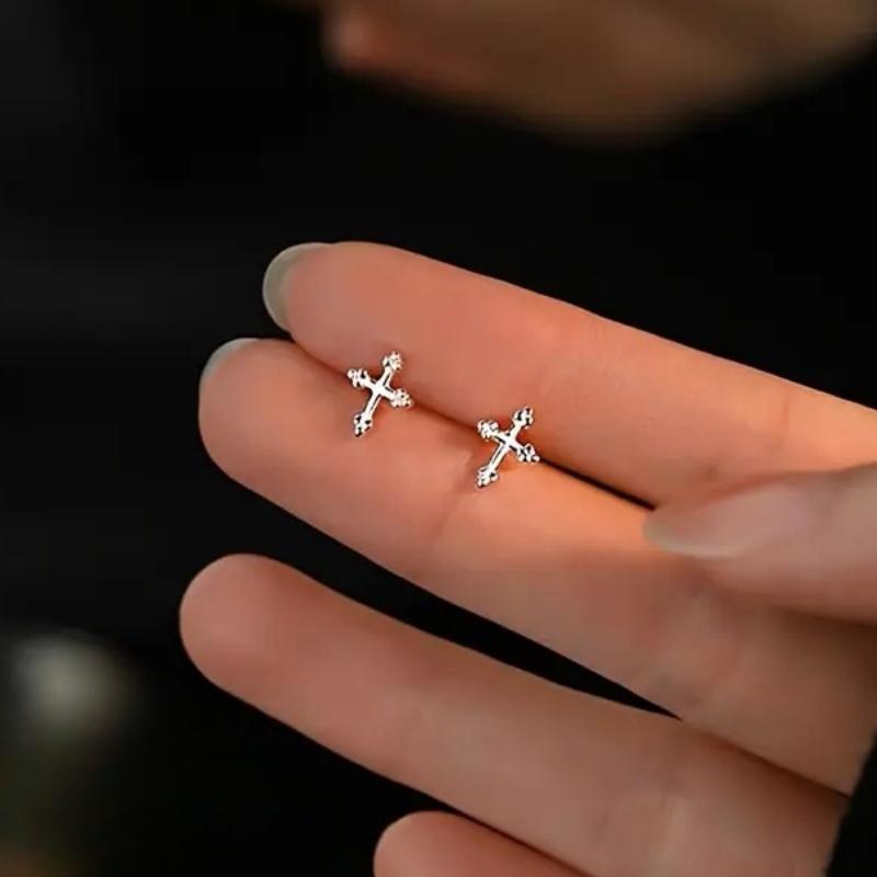 Dainty Cross Stud Earrings for Women  Sterling Silver Glossy Versatile Ear Accessories Delicate Daily Party Jewelry