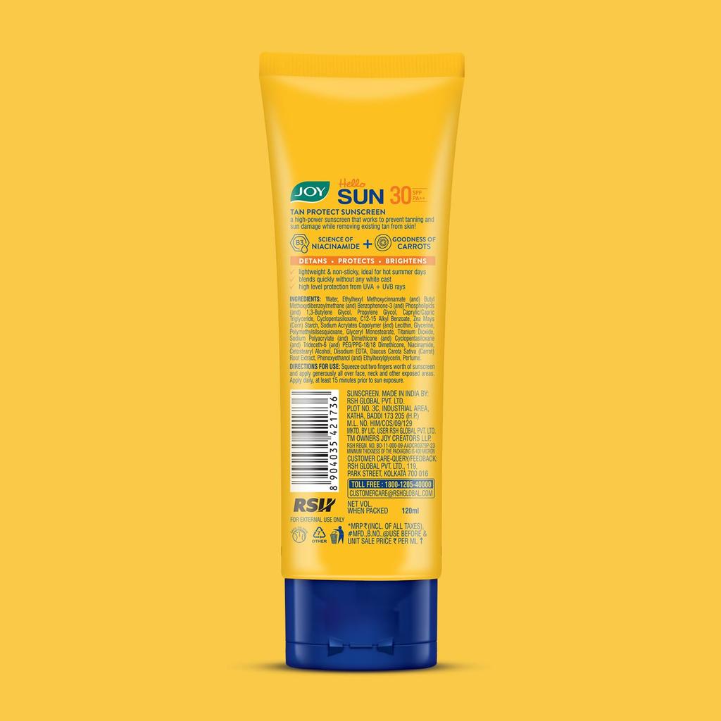 JOY Broad Spectrum SPF 30 Face & Body Sunscreen 120ml Lightweight Non Greasy Anti Tan Lotion