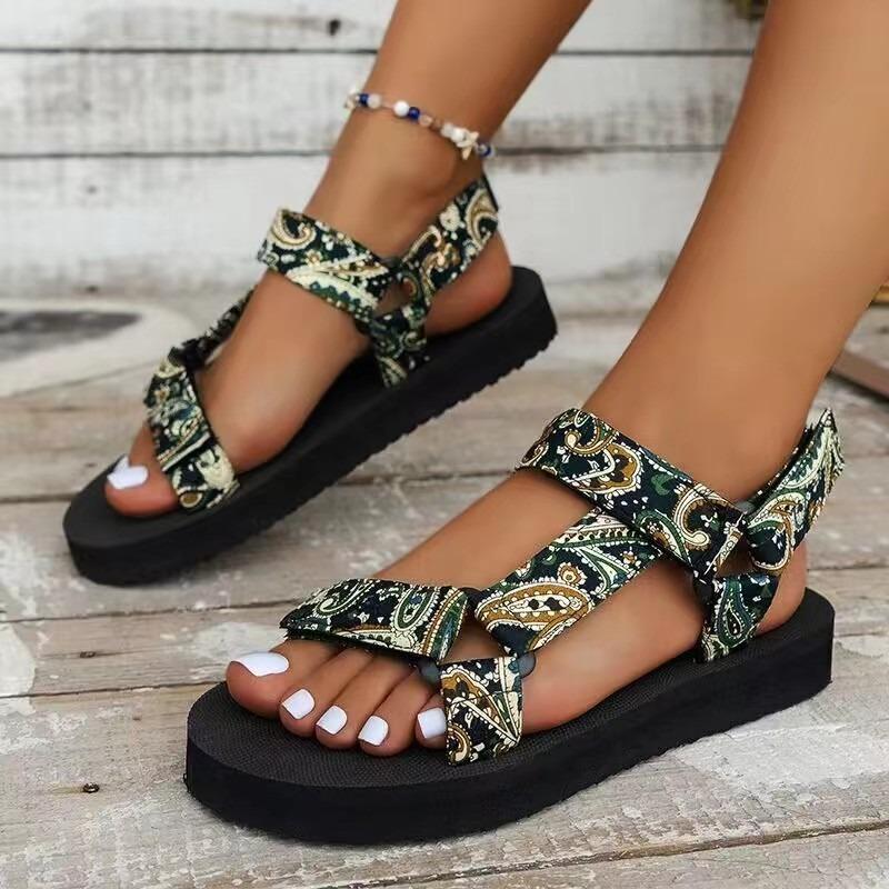 Summer New Thick-soled Cloth Ethnic Women's Shoes Fish Mouth Color Matching Velcro Beach Sandals